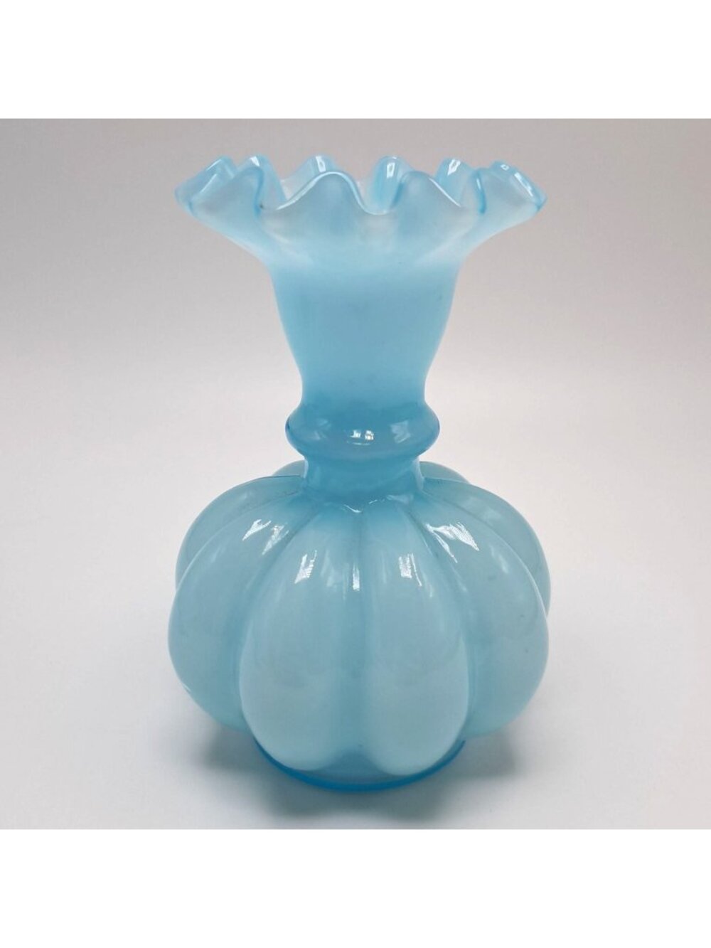 Fenton Pale Blue Melon Vase With Ruffled Crimped Edge Glass